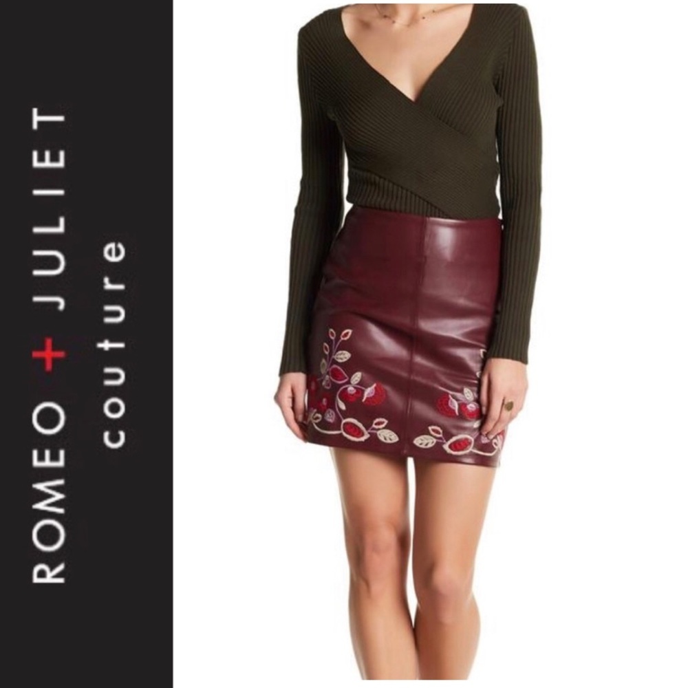 New Romeo & Juliet Embroidered Leather Mini Skirt